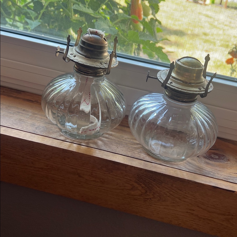 Two matching vintage hobnail glass oil lamps